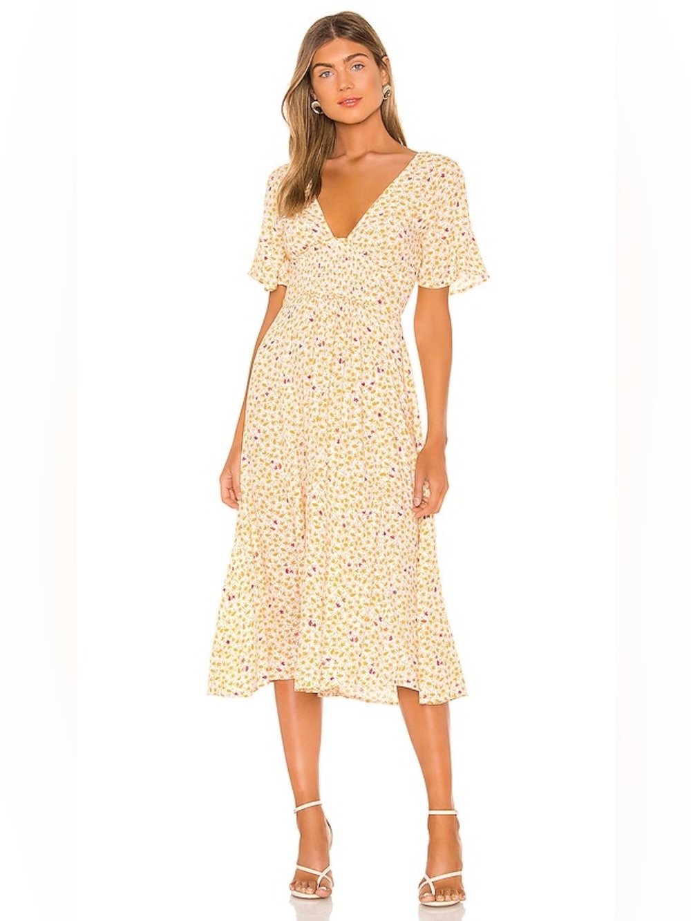 Free People In Full Bloom V-Neck MIDI Dress In Ivory Extra Large XL